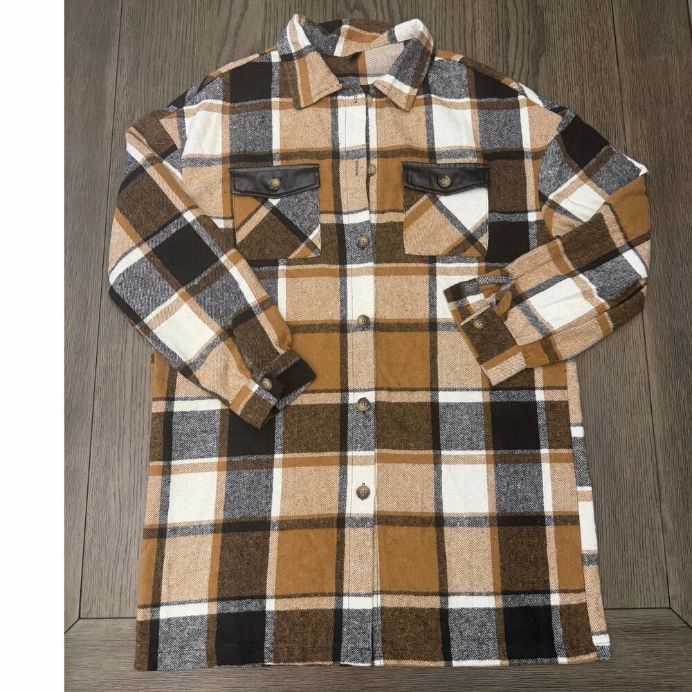 SHEIN Plaid Flannel Shacket Brown Tan Black Button Front Size L